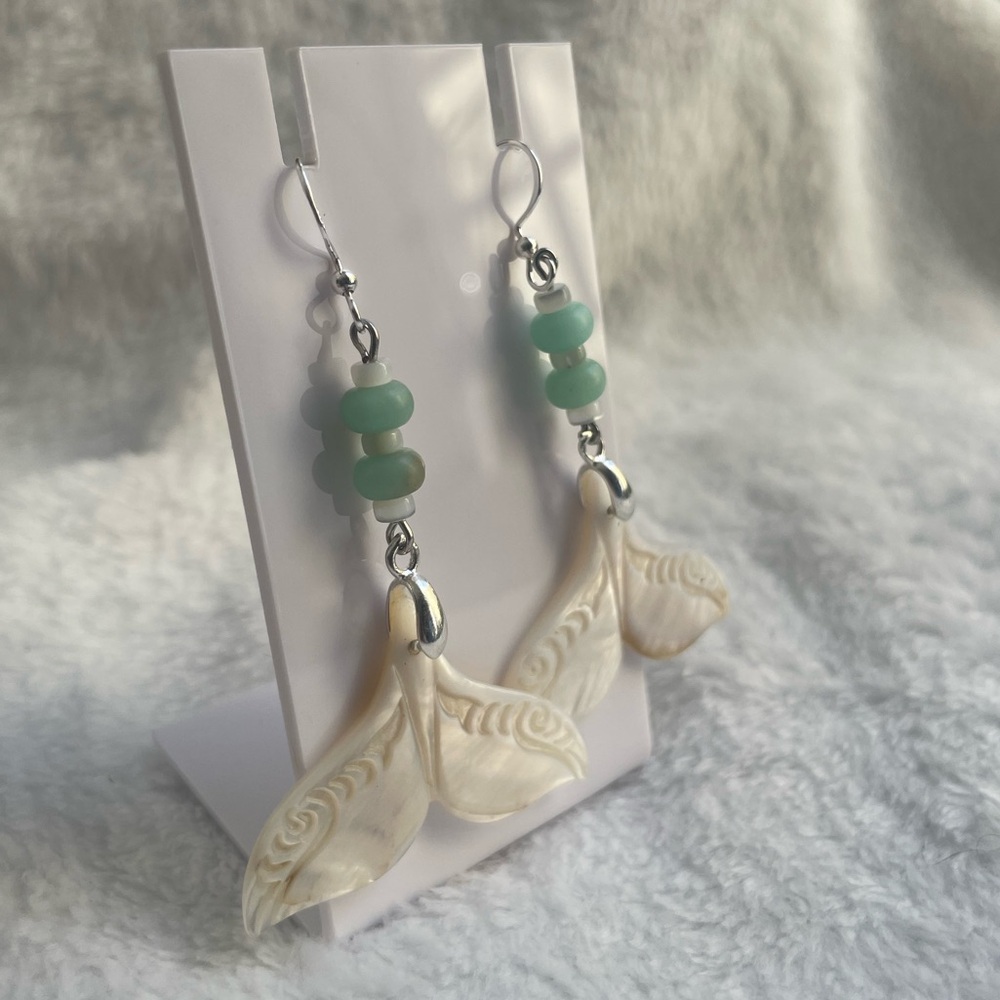 Whale/Mermaid tail natural shell and stone ear rings. 925 silver hooks.